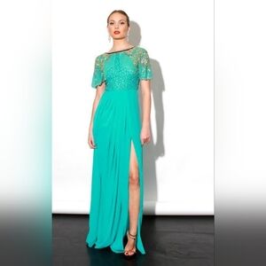 VIRGOS LOUNGE Reina Embelished Teal Maxi Dress with Gold Detailing NWT US 10